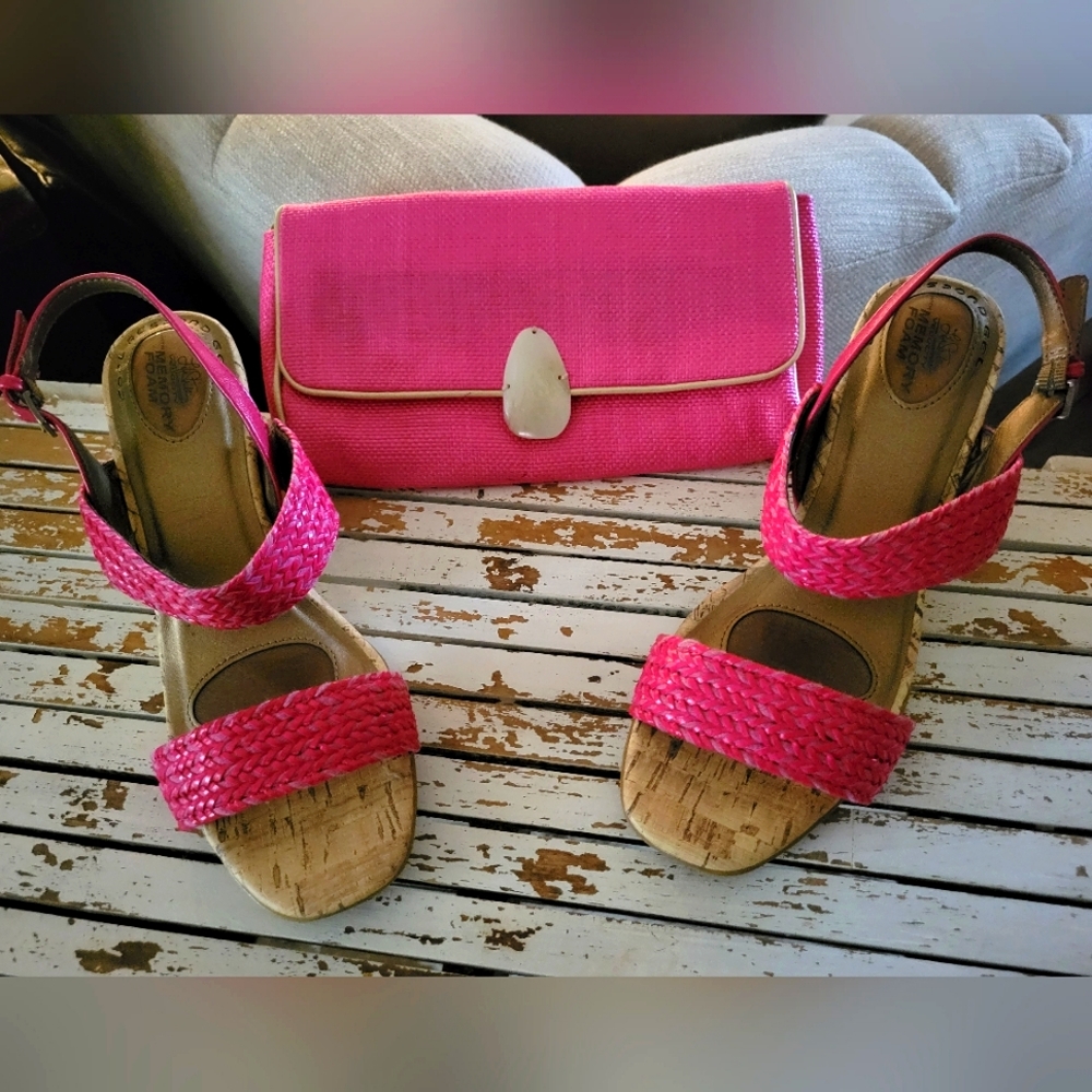 HOT PINK Summer Wedge Life Stride Sandals and Matching Clutch Bag